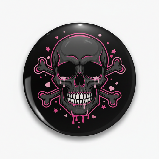 Black pinback button with pink emo skull and drips
