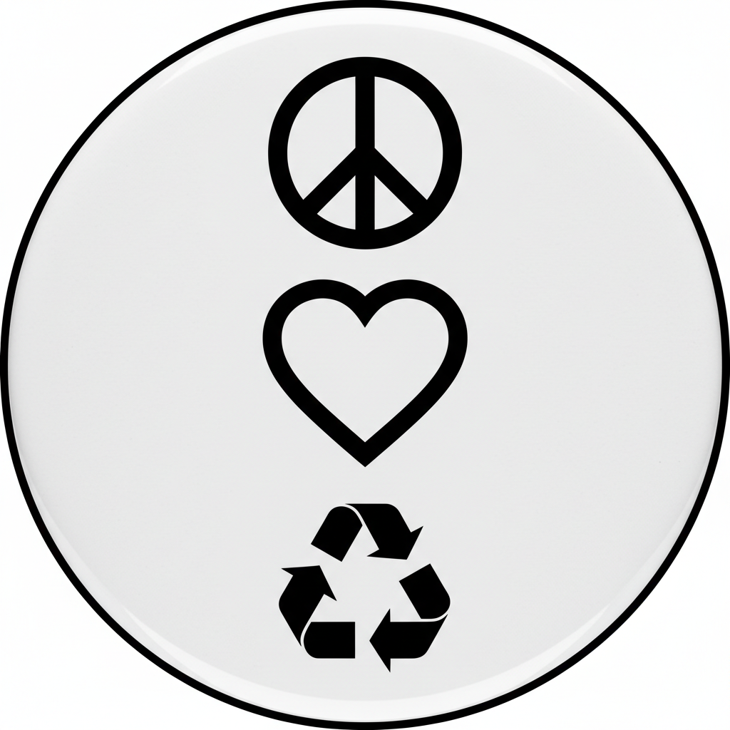 Black and White Peace Love Recycle Pinback 2.25-inch