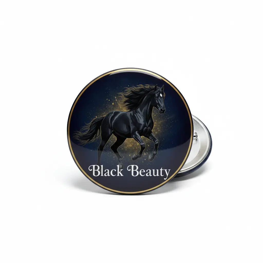Round pinback button with Black Beauty horse artwork and dark blue background