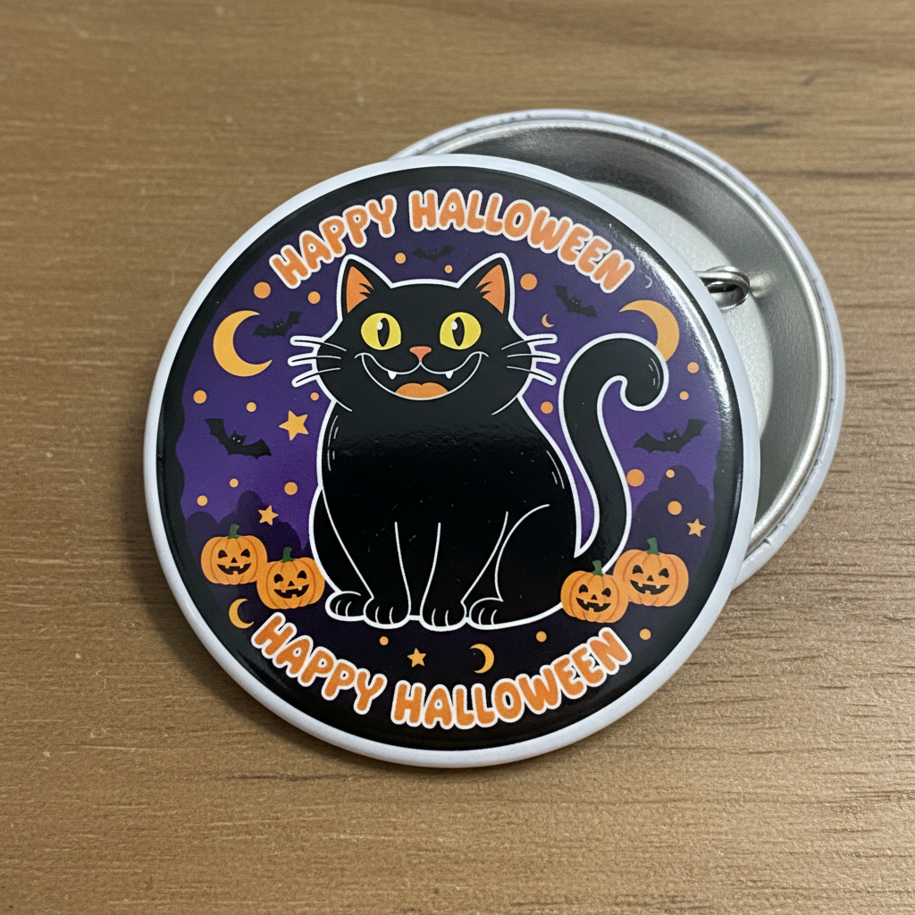 Black Cat Happy Halloween Pinback 2.25-inch