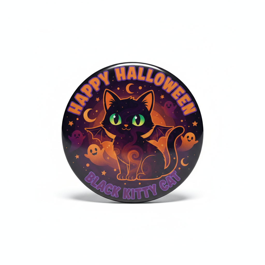 Black Kitty Happy Halloween Pin Button 2.25-inch