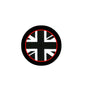 2.25-inch round UK flag pinback badge with Union Jack design, black rim, red ring