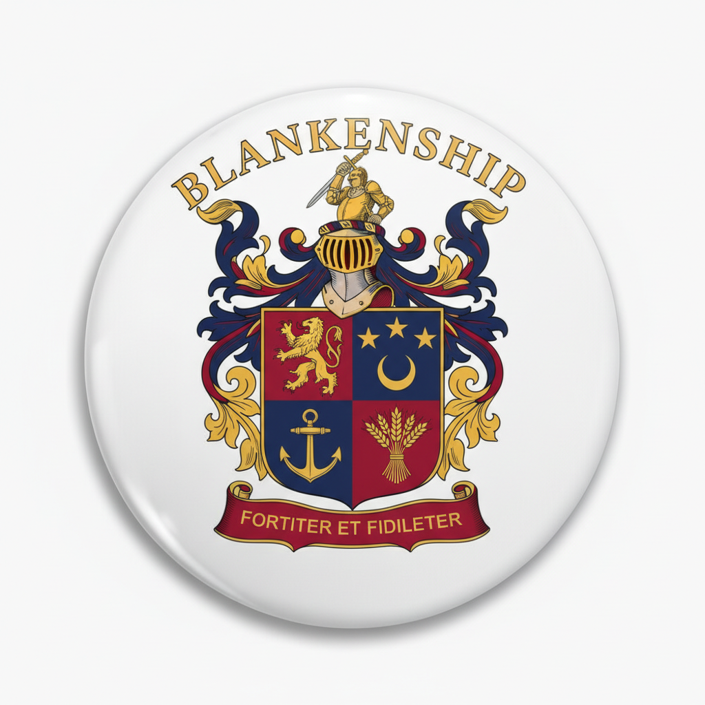 Round Blankenship family crest pinback with gold, blue, red shield and ribbon, 3-inch