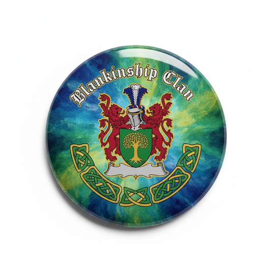 Round pinback button with colorful clan crest and Celtic knot border, 2.25-inch