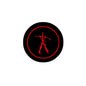Black circular pinback badge with red ring border and red symbol silhouette