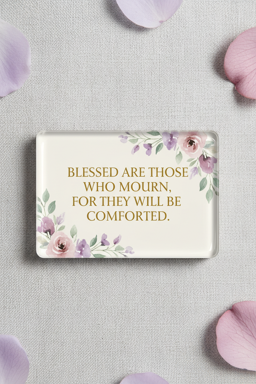 A rectangular decorative plaque with rounded corners featuring the quote 'BLESSED ARE THOSE WHO MOURN, FOR THEY WILL BE COMFORTED.' in gold lettering, surrounded by watercolor-style pink and purple flowers and green leaves on a cream background.