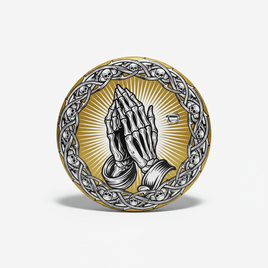 2.25-inch pinback button with gold face, black skeleton praying hands and ornate border