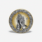 2.25-inch pinback button with gold face, black skeleton praying hands and ornate border