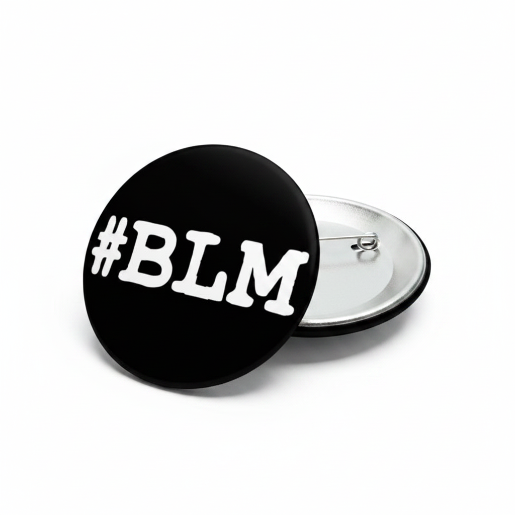 BLM pinback button, black circle with white #BLM text and silver back clasp