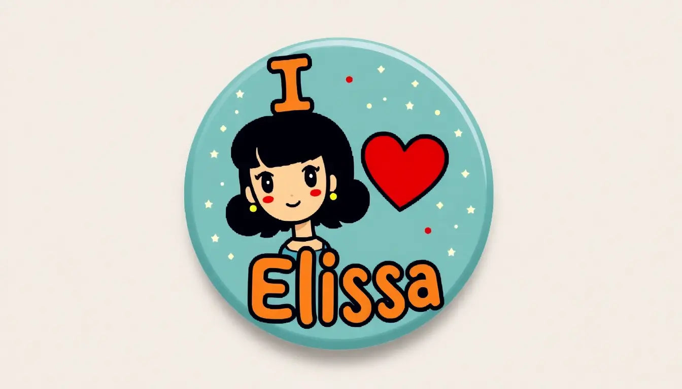Round teal pinback button with cartoon girl and red heart; I Elissa text