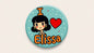 Round teal pinback button with cartoon girl and red heart; I Elissa text