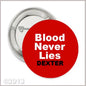 2.25-inch red pinback button with white 'Blood Never Lies' and 'DEXTER' text