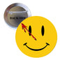 2.25-inch yellow smiley pinback button with black eyes and a bloody red grin