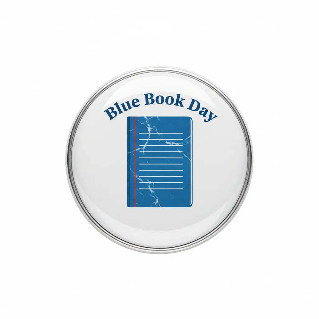 Round pinback button with Blue Book Day text and blue book icon, silver rim.