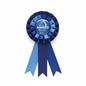 Blue rosette ribbon award pin with center badge reading 'AWARD' and dark blue streamers