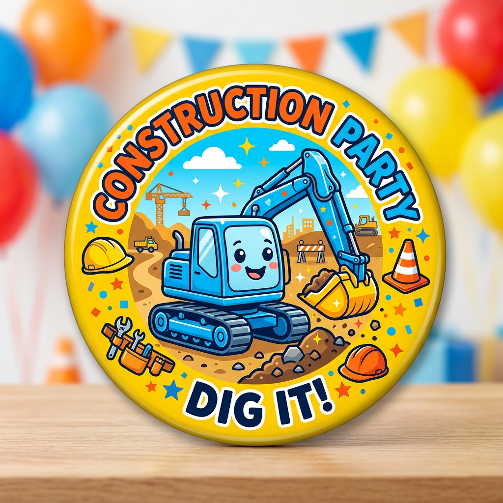 Blue Excavator Kids Construction Party Pin Button 2.25-inch
