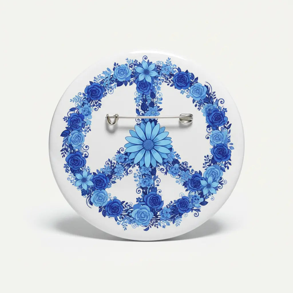 Blue Floral Peace Button Pinback 2.25-inch