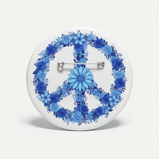 Blue Floral Peace Button Pinback 2.25-inch