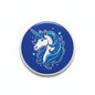 Blue unicorn pinback button, 2.25-inch round, white and light-blue illustration