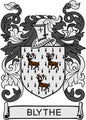 Dark coat of arms pinback design with “BLYTHE” banner, crosses, and animal figures