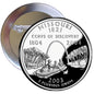 Circular silver Missouri 1821 commemorative pinback with raised coin-style design and text