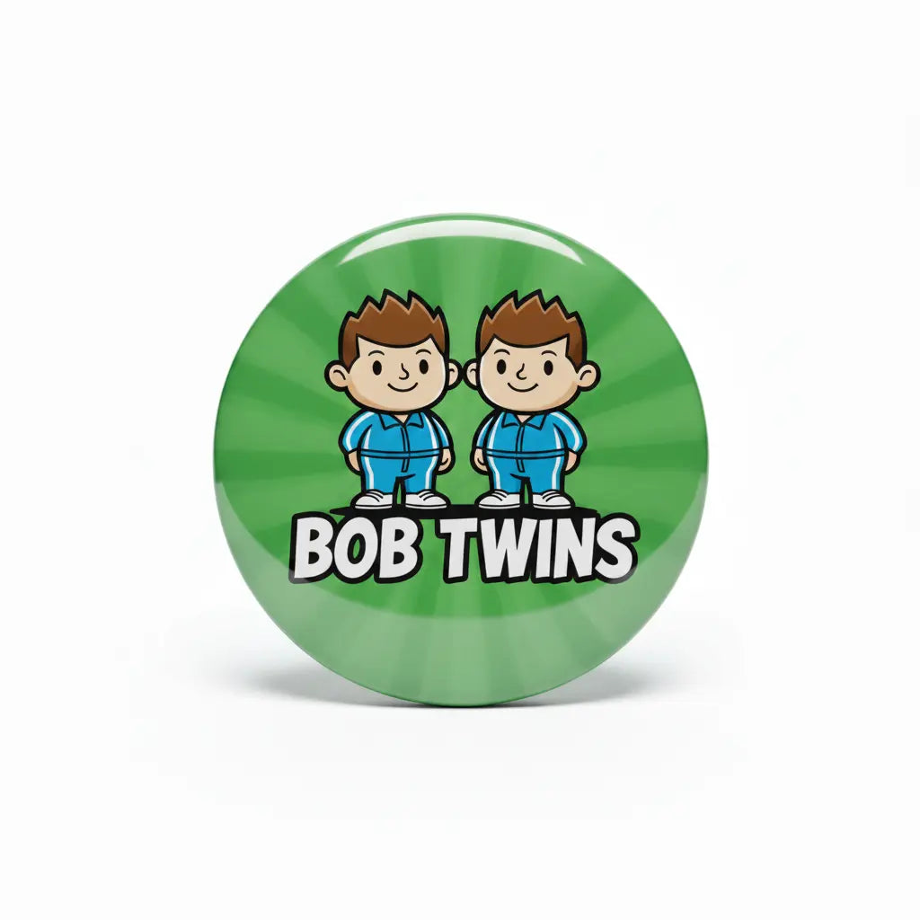 Green 2.25-inch pinback button with cartoon twins and "Bob Twins" text