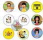 Set of 8 round 1.25-inch cartoon character magnets with face and group illustrations