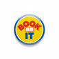 2.25-inch round pinback button, yellow face with blue border and 'BOOK IT' text
