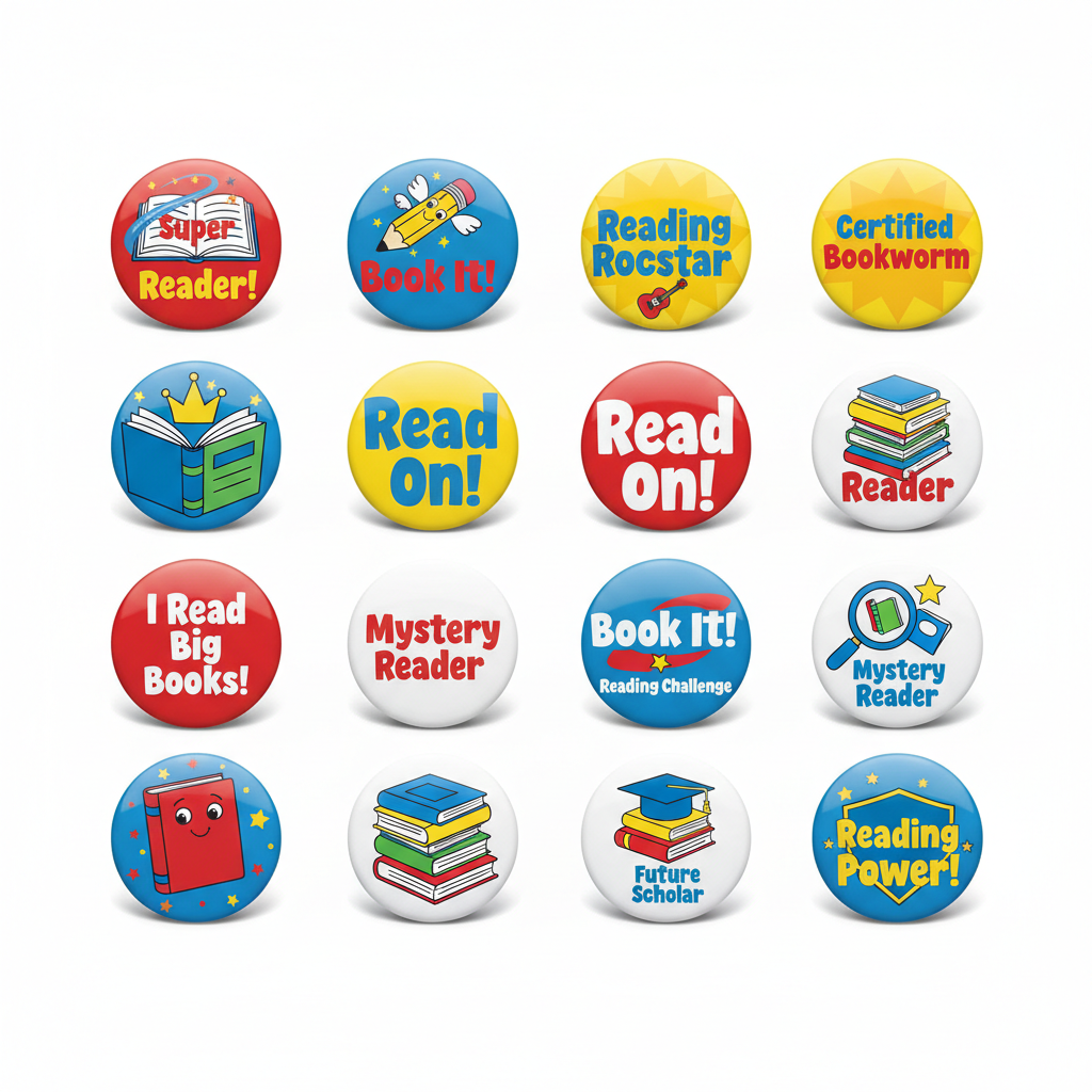 A grid of 20 round pin-back style badges or buttons on a light gray background, each featuring colorful book-themed graphics and phrases such as 'Super Reader,' 'Read It!,' 'Reading Rockstar,' 'Certified Bookworm,' 'Read On!,' 'I Read Big Books!,' 'Mystery Reader,' 'Book It! Reading Challenge,' 'Mystery Reader,' 'Future Scholar,' and 'Reading Power!'.
