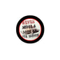 Movie geek pinback button: black rim, red/white center with quote and film strip icon