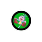 Round magnet with black rim and green center, featuring a cartoon character with boots