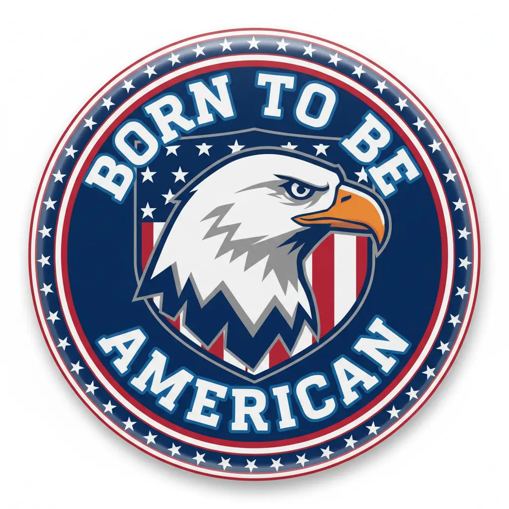 Born to be American pinback button, 2.25-inch, eagle graphic with red-white-blue stars