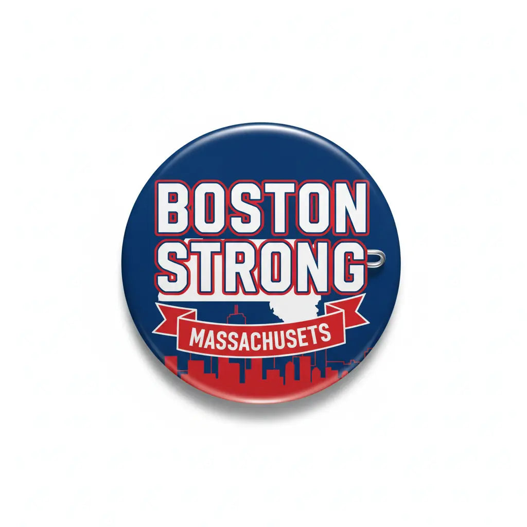 Round pinback button with Boston Strong Massachusetts text and skyline, blue/red
