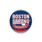 Round pinback button with Boston Strong Massachusetts text and skyline, blue/red