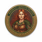 Boudicca circular pinback badge with Queen of the Iceni portrait in gold and green