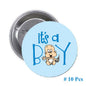 Round baby shower button pin set, light blue “It’s a Boy” cartoon