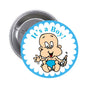 Round blue pinback button with cartoon baby and text "It's a Boy!"