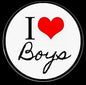 1.25-inch pinback button: black 'I Love Boys' text on white with red heart