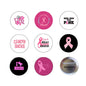 Set of round 1.25-inch breast cancer pinbacks with pink ribbon and slogan designs