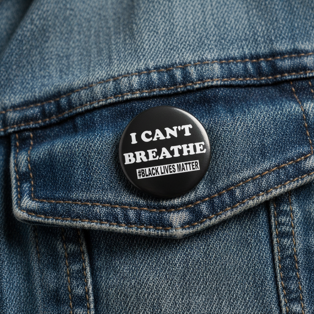 Round black pinback button: 'I CAN'T BREATHE' and 'BLACK LIVES MATTER'