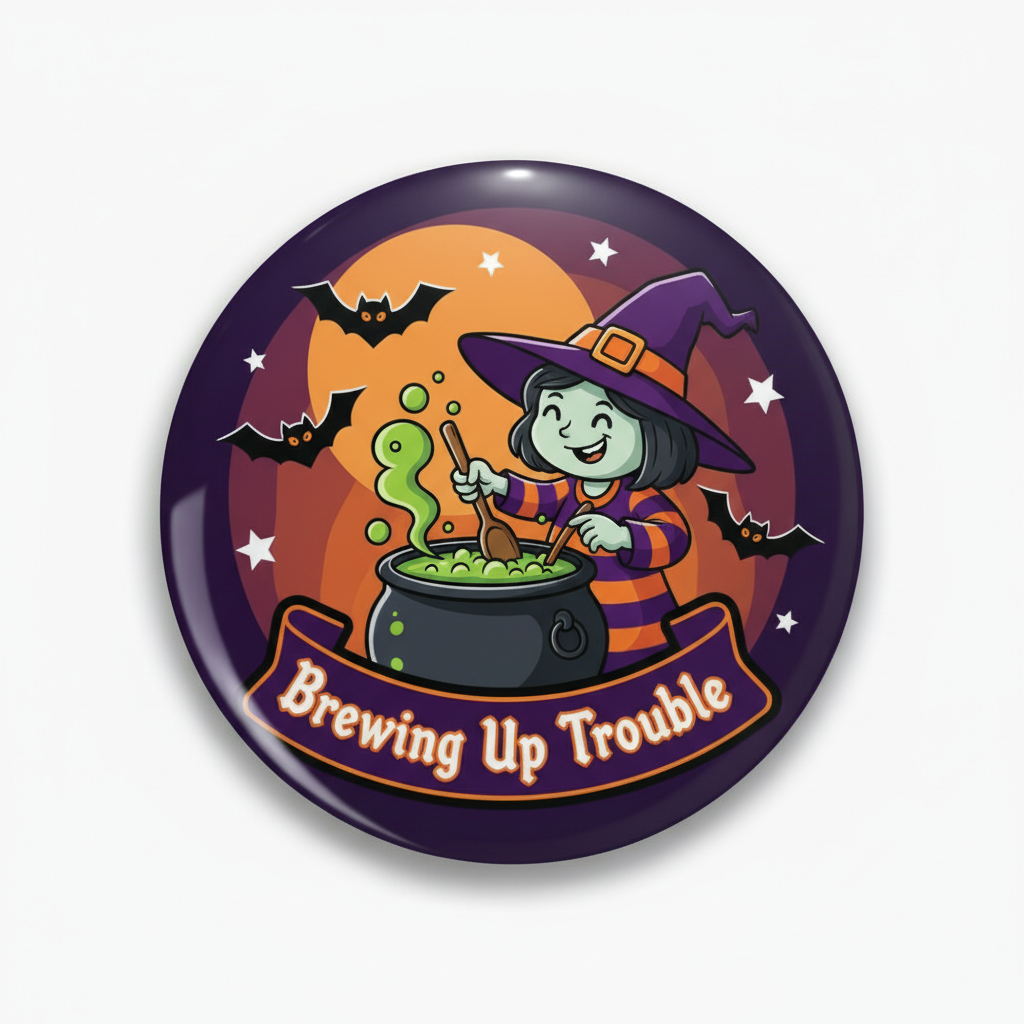 A round Halloween-themed button pin featuring a cartoon witch stirring a cauldron with green potion, with bats, stars, and the text 'Brewing Up Trouble' on a dark purple background.