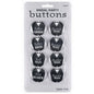 Set of 8 round black tuxedo-style pinback buttons with white role text, 1.25 in