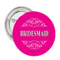 Magenta bridesmaid pinback badge with rose crest and BRIDESMAID text