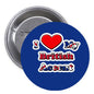British accent pinback button with blue circle, red heart, and “I love my British Accent” text