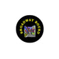 Broadway Bound pinback button, round black with colorful theater buildings and gold text