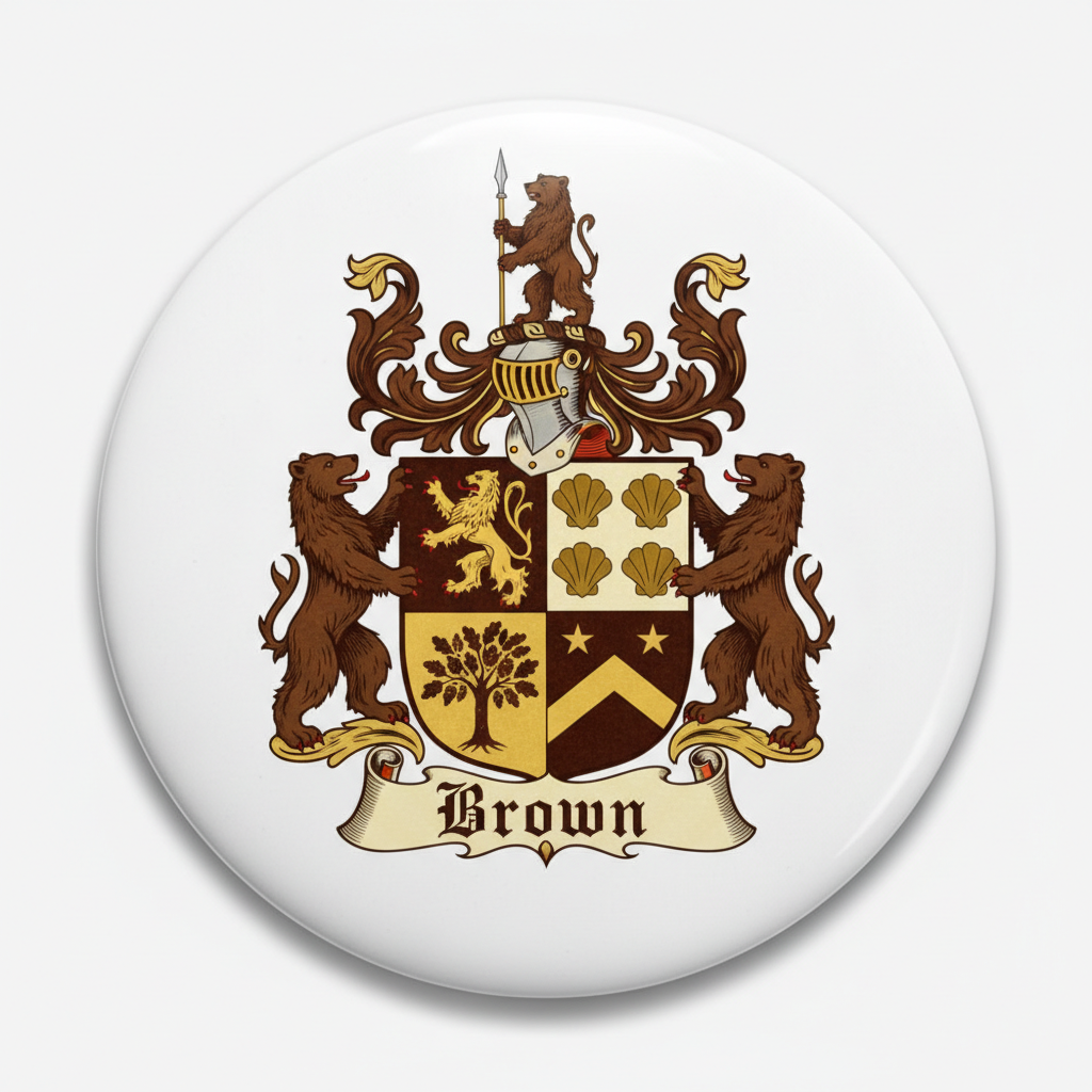 Brown family crest coat of arms pinback, round badge with lions and shield design