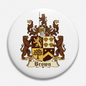 Brown family crest coat of arms pinback, round badge with lions and shield design