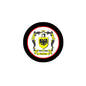 Browne family crest pinback, round black enamel with shield and banner