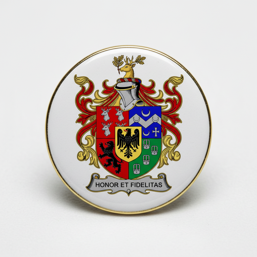 Round gold-rim enamel coat of arms pinback with heraldic shield and motto text