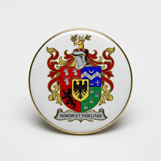 Round gold-rim enamel coat of arms pinback with heraldic shield and motto text